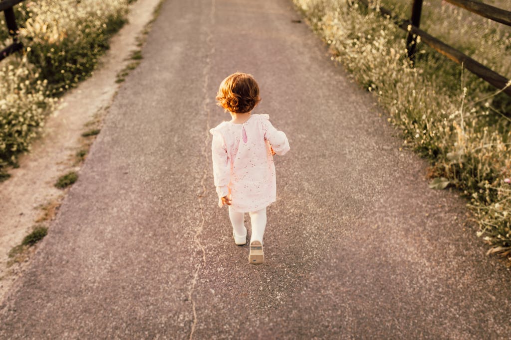 A young child in a pink dress walks alone on a rural path during sunset, surrounded by nature.