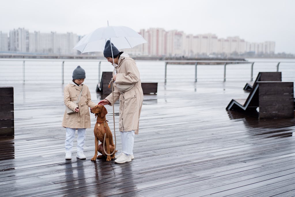 Mother and daughter with dog walking under umbrella on rainy day.